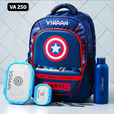 Get a custom Captain America backpack, lunch kit, and insulated bottle for your little hero!