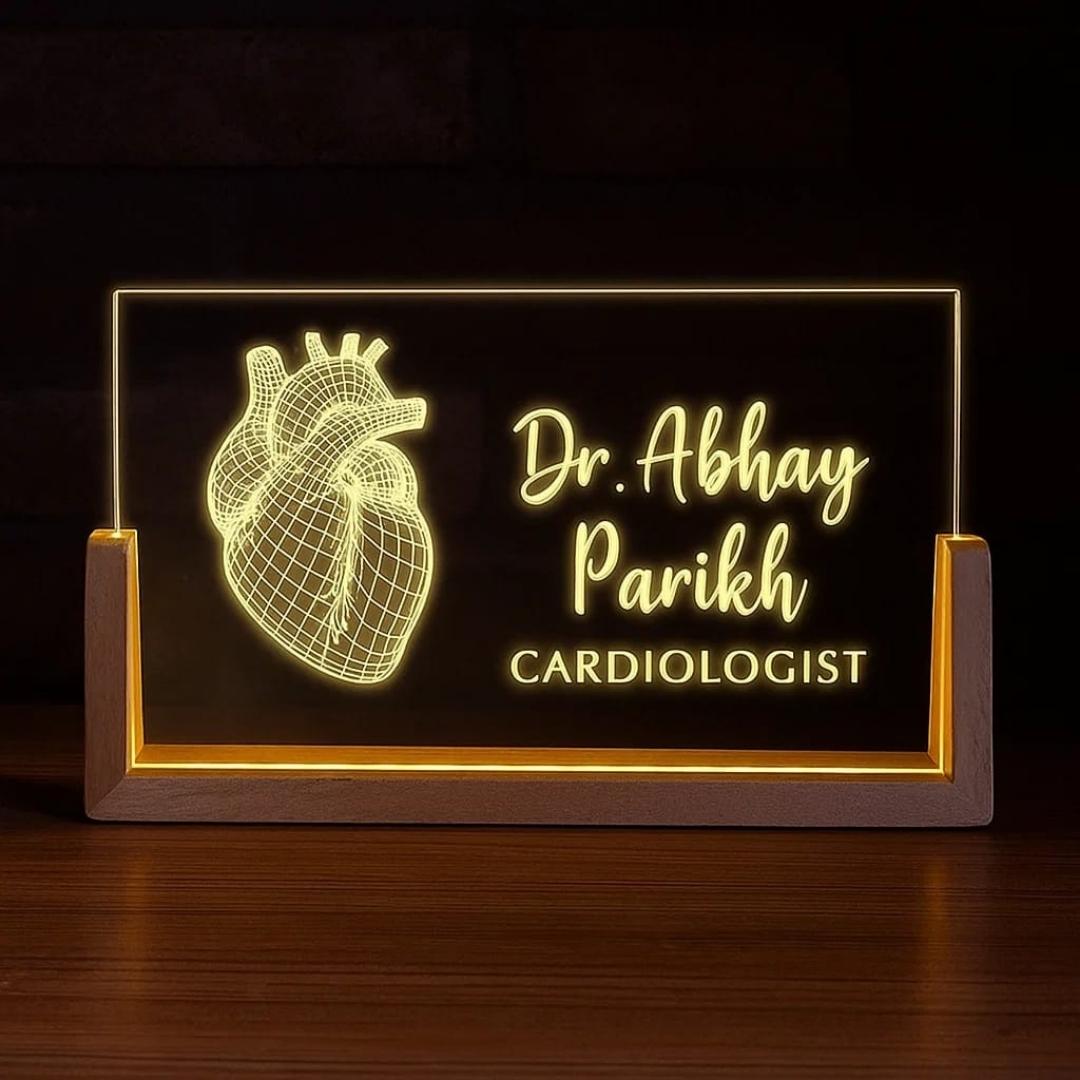 Custom LED Name Plate for Cardiologists – Personalized Heart Design Doctor Desk Light