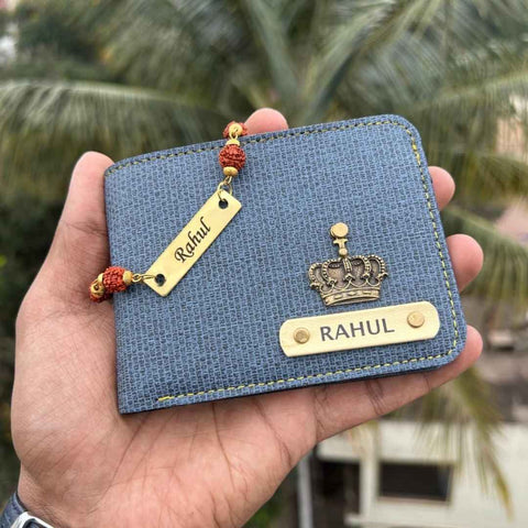 Denim Wallet & Rudraksh Rakhi Combo with Name Tag