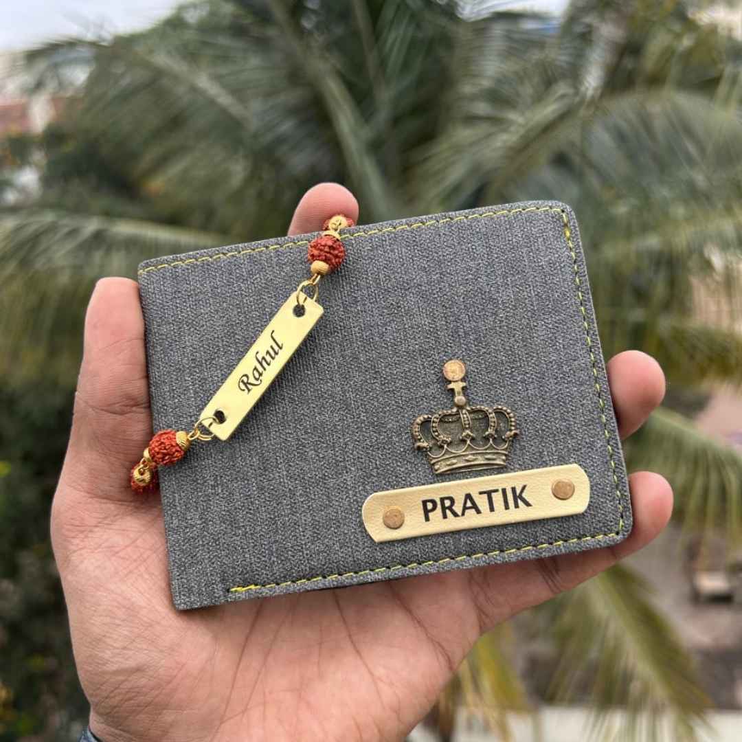 Denim Wallet & Rudraksh Rakhi Combo with Name Tag