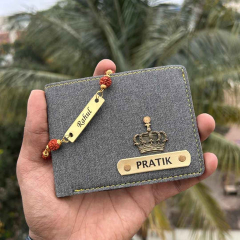 Denim Wallet & Rudraksh Rakhi Combo with Name Tag