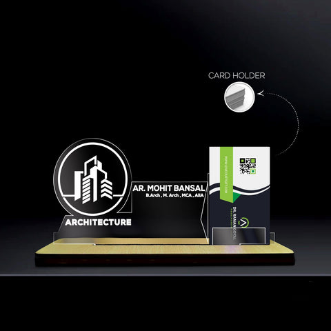 fully customized card holder stand ,A transparent acrylic nameplate with a wooden base, featuring the medical caduceus symbol and the word customized underneath it. The nameplate includes the name  with credentials  displayed next to the symbol. On the right side, there is a card holder containing a business card with a QR code and the website 