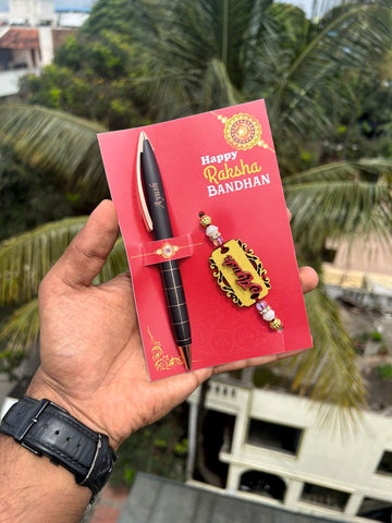 Mdf name rakhis This Rakhi Special gift set includes a Name Rakhi and Pen, customised with the receiver's name. It comes in card packaging and can be ordered in any of the four models available from Chart 2.0. Delivery is free, and dispatched in three working days after payment. Celebrate this Raksha Bandhan season in style.