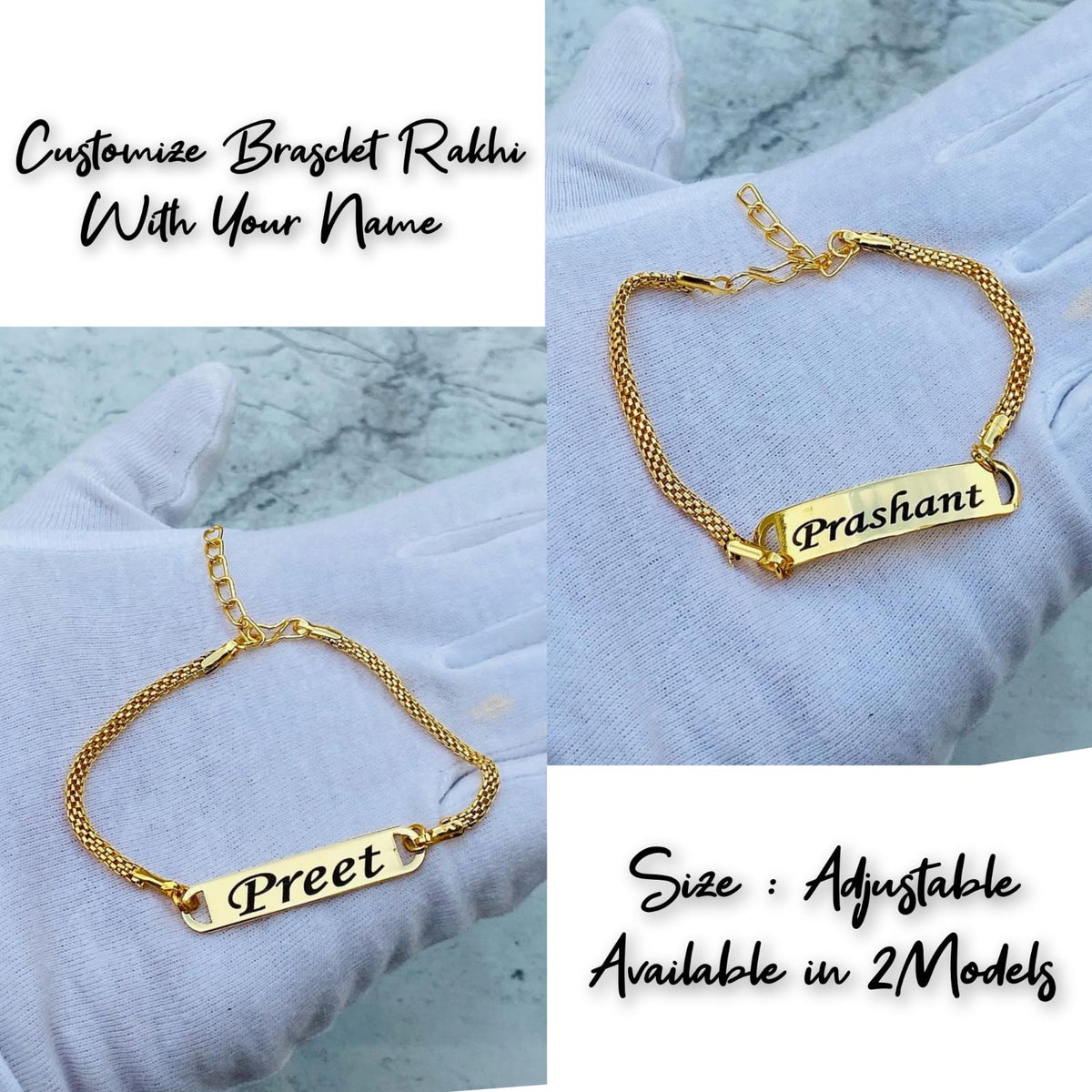Bracelet rakhi with gold color with custom name , hand is hold this rakhi size is adjustable 2 models available