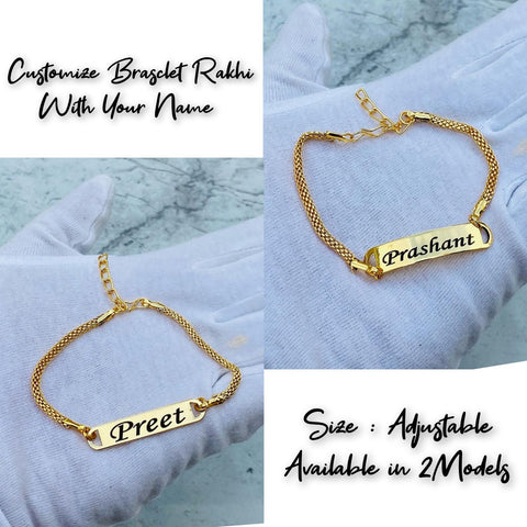 Bracelet rakhi with gold color with custom name , hand is hold this rakhi size is adjustable 2 models available