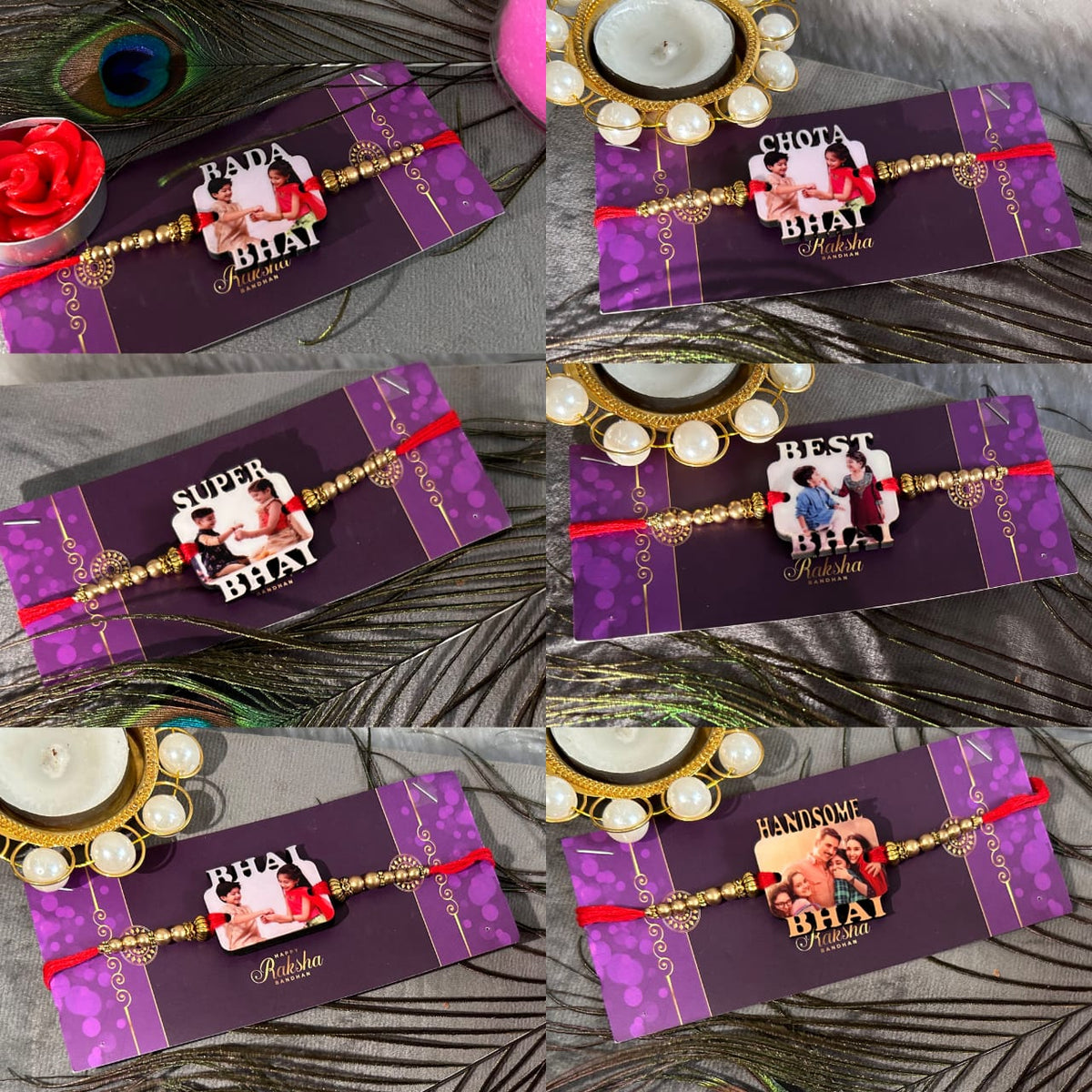 6 different mdf material rakhi anre tie to one purple color card and it is cutomized 