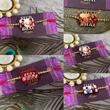 6 different mdf material rakhi anre tie to one purple color card and it is cutomized 