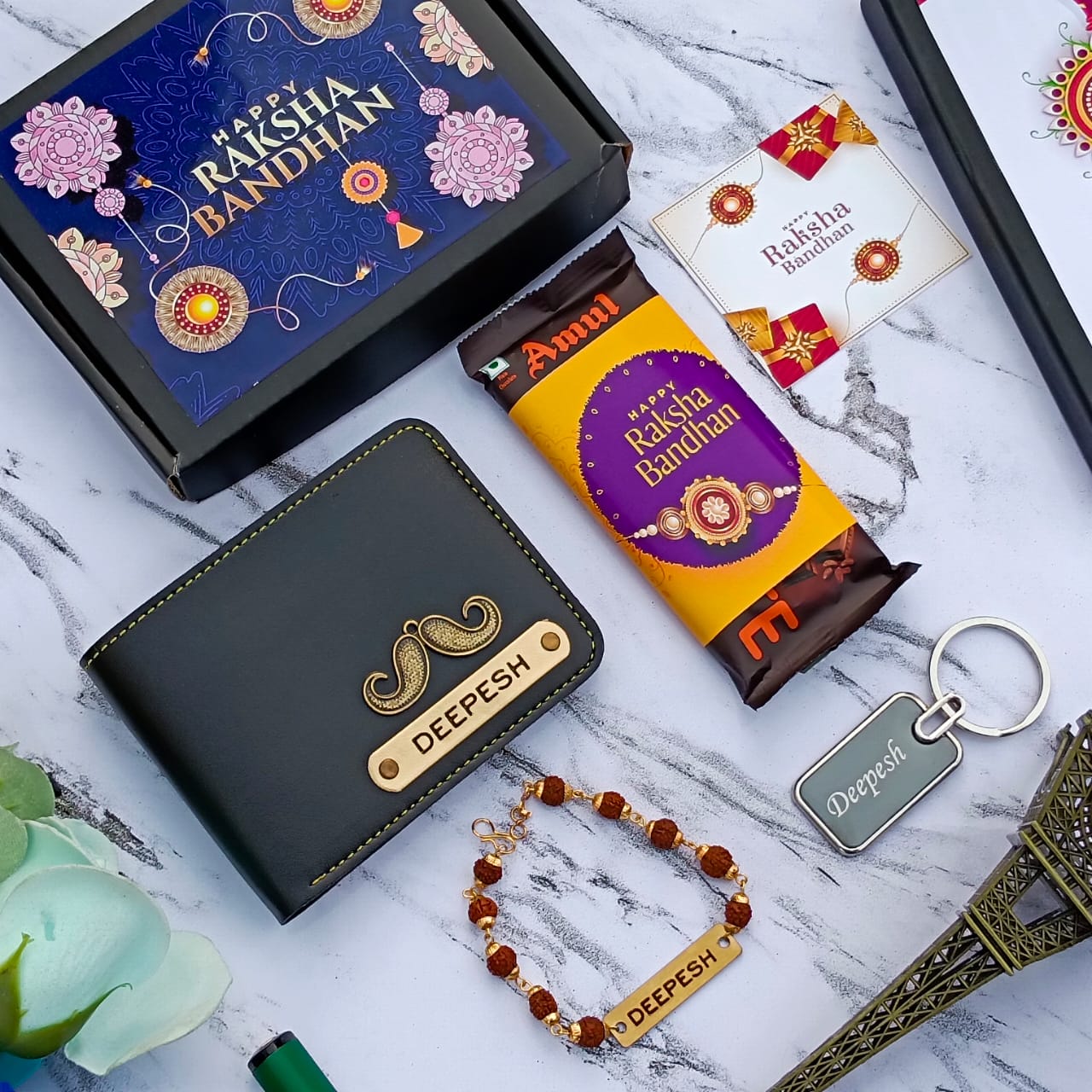 Rakhi combo with personalize wallet ,key ring and Specs cover