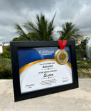 it is customized certificate frame with medal,with cutstomized names with black border.