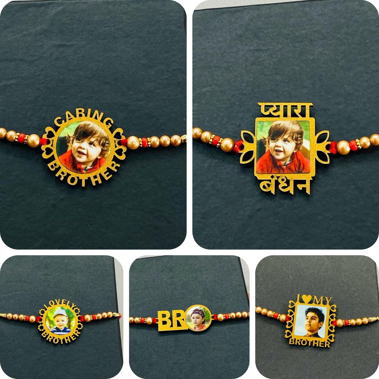 5 different type of customized photo rakhi's are tie to black box clearly shown there is customized option for own photo,plenty of beeds are add to rakhi thread
