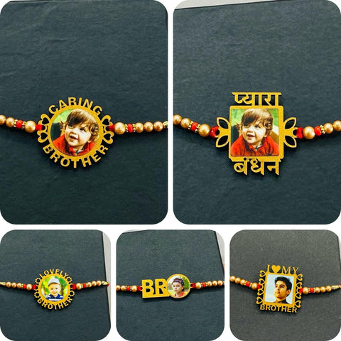 5 different type of customized photo rakhi's are tie to black box clearly shown there is customized option for own photo,plenty of beeds are add to rakhi thread