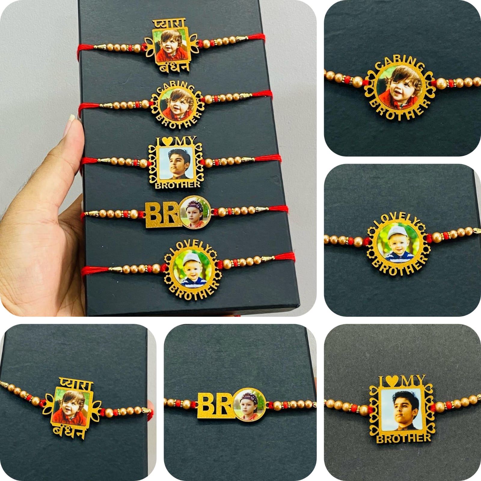 10 different type of customized photo rakhi's are tie to black box clearly shown there is customized option for own photo,plenty of beeds are add to rakhi thread