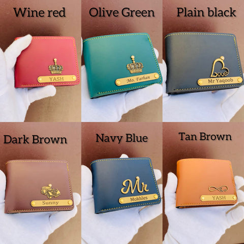 there are 6 premium wallet showing wine red ,olive green ,plain balck ,dark brown,navy blue,tan brown, with your own custom charm and name
