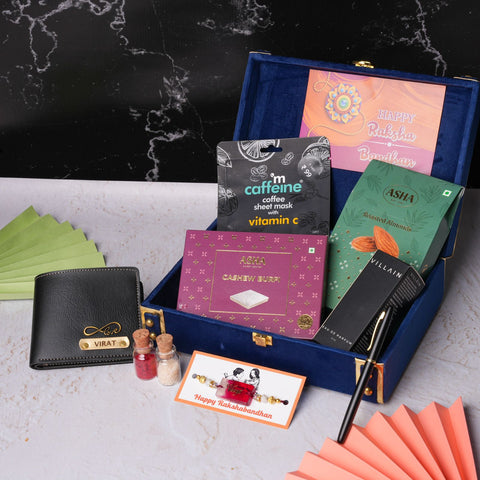 rakhi combo with 10 customized items , premium gift box ,and wallte ralkhi ,rakhi card face mask ,almods,pen ,2 small glass bottles