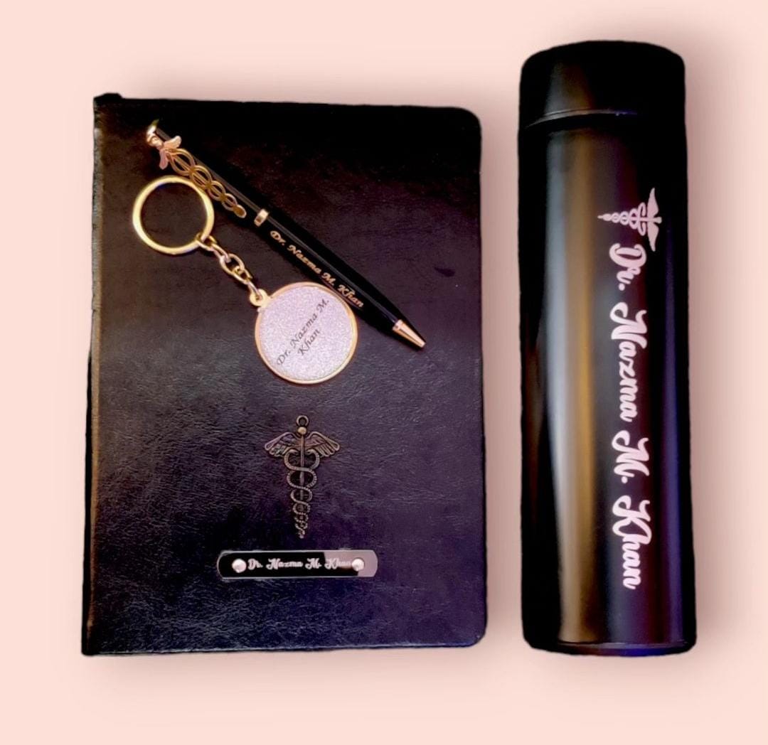 Best gift for doctor black dairy with customized name and logo ,key chain with your name and logo, personalized pen with doctor logo and name, temparature black bottle with customized logo and name.