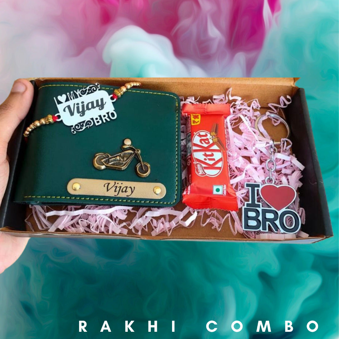 on brown box there is customized rakhi with name, oka premium look wallet with custom charm and custom name , kitkat chocolate is there, i love symbol and bro its written on one small plastic sticker