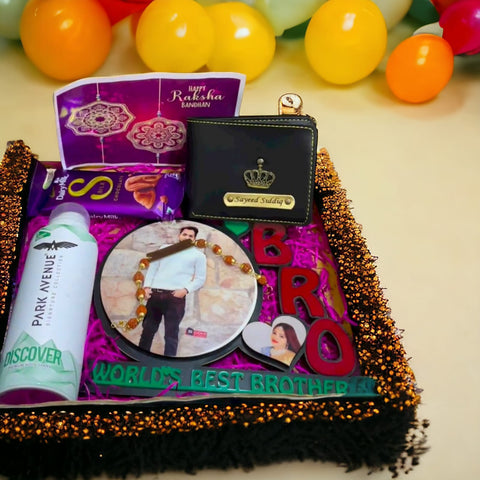 Premium Rakhi Gift Set|Customizable BRO Table Top|Personalized Rakhi Gifts for Brother|Rudraksh Rakhi with Gifts