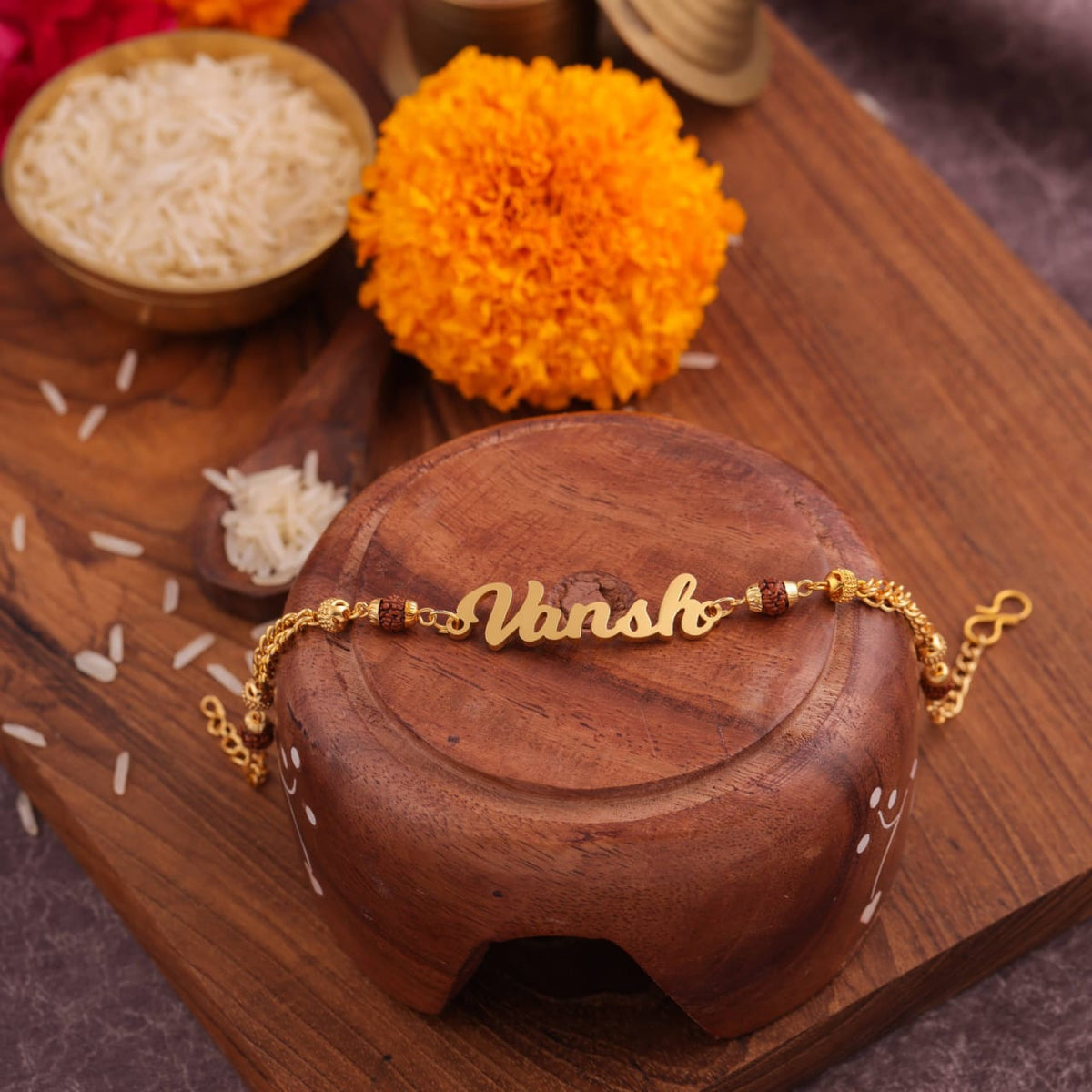Personalized Rudraksha Rakhi With Golden Chain
