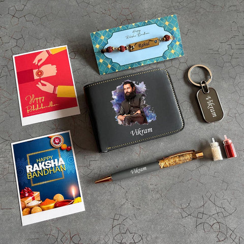 Personalized Rakhi Combo with Photo Wallet, Pen & Rudraksh Rakhi