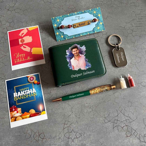 Personalized Rakhi Combo with Photo Wallet, Pen & Rudraksh Rakhi