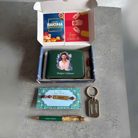 Personalized Rakhi Combo with Photo Wallet, Pen & Rudraksh Rakhi