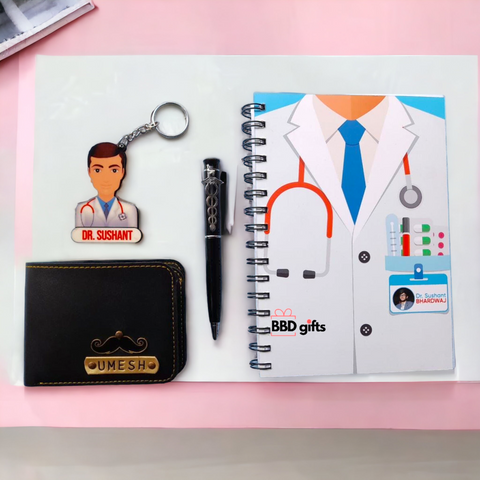 doctor caricature type key chain with personalized name, customized leather wallet with name and charm, doctor black pen with name customized,spiral binding book with cover of doctor photo 