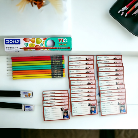 Kids pencils and book labels customised