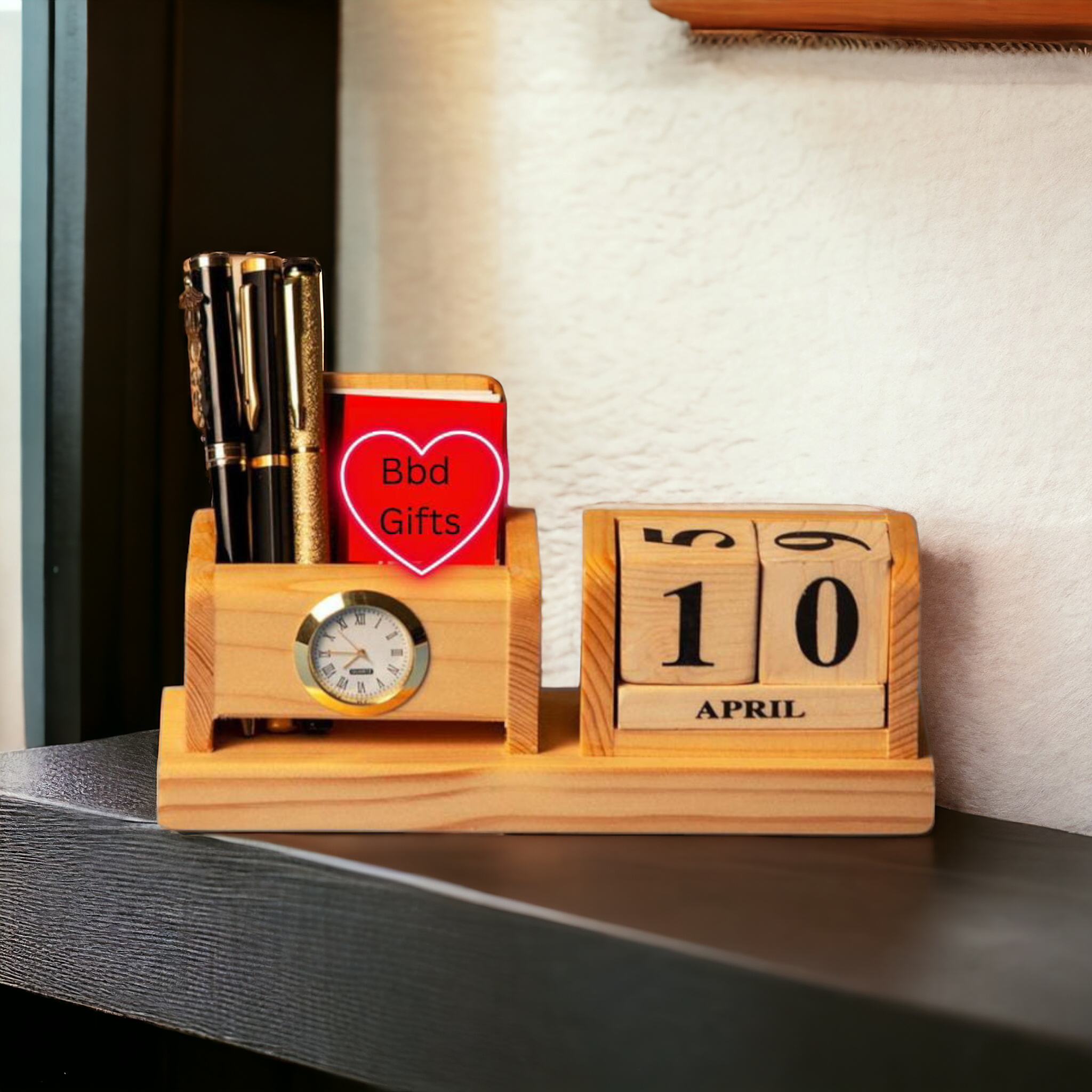 Get Black Wooden Pen Stand With Clock And Name Online - love craft gift