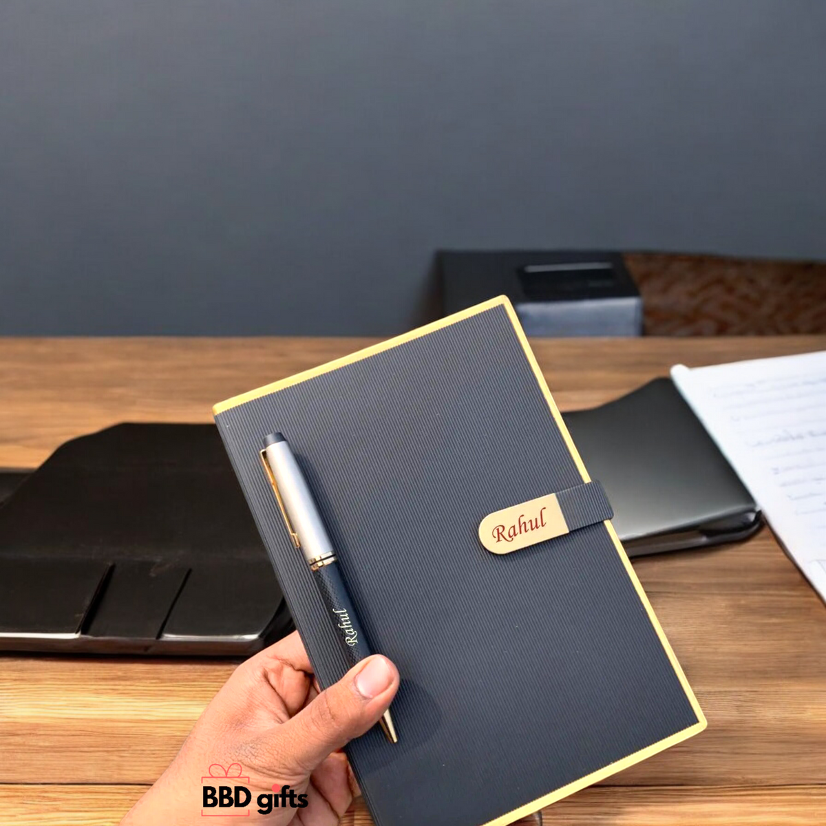 Customized Saffiona Gold Border Diary & Pen Combo | Personalized Corporate Gifts