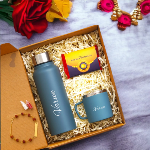 shown in picture there is one bottle and cup with name customization and rakhi also there with customization option , one chocolate is there, all are in one gift model box