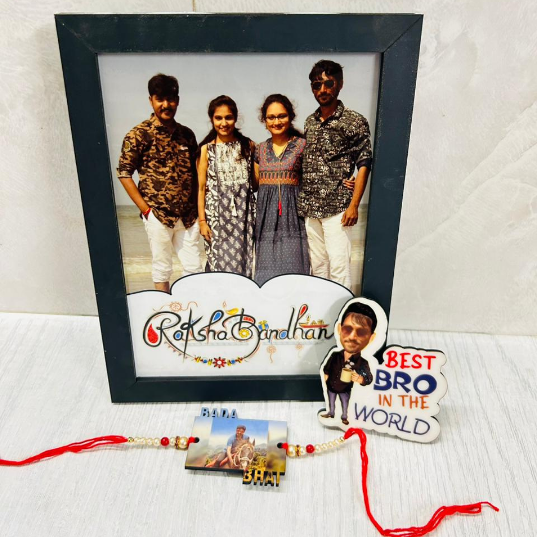 there is one custom photo frame and one mini caricature with customized photo rakhi