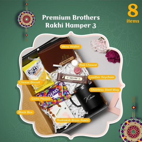 there is wallet key chain and gems chocolate mug  8 thing are in box