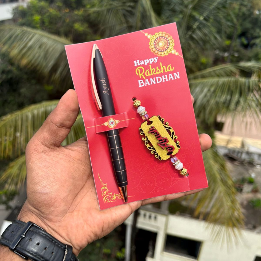customized This Rakhi Special gift set includes a Name Rakhi and Pen, customised with the receiver's name. It comes in card packaging and can be ordered in any of the four models available from Chart 2.0. Delivery is free, and dispatched in three working days after payment. Celebrate this Raksha Bandhan season in style.