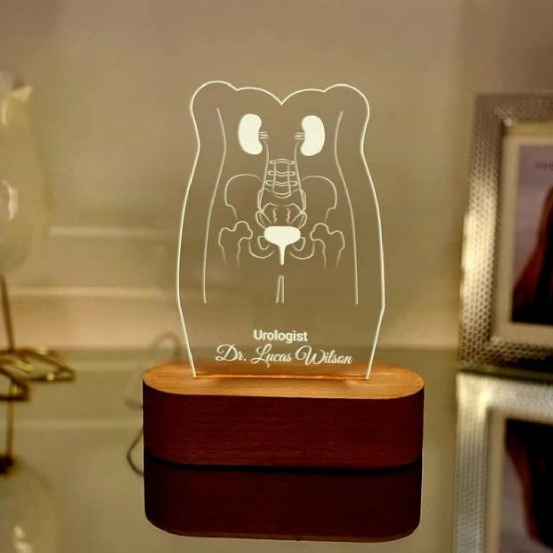 Customizable Urologist LED Lamp featuring a detailed anatomical design and personalized engraving. Ideal for urologists, this elegant night light adds a unique touch to any office or clinic, making it a perfect, thoughtful gift