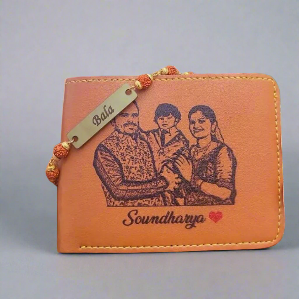 sketch wallet with customized photo and name and rudraksha rakhi custom name