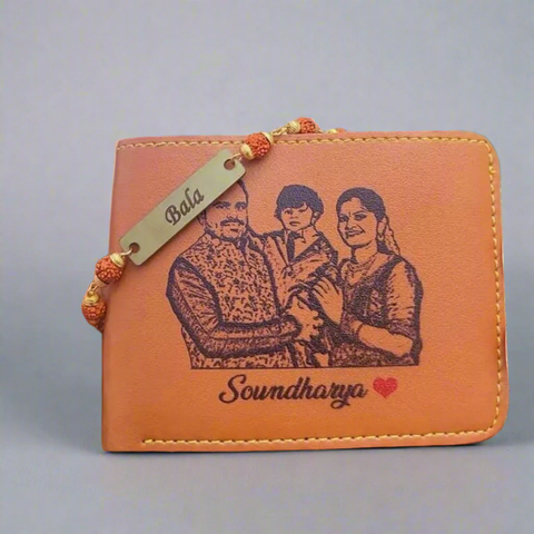 sketch wallet with customized photo and name and rudraksha rakhi custom name