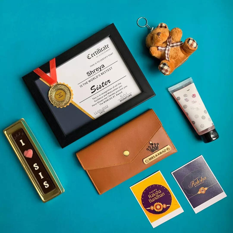 its a beautiful hamper for sister r, where i love sis chocolate ,small teddy and 2 gifts cards, zudio face wash, one clutch with custom and custom charm ,one frame like certificate  with medal