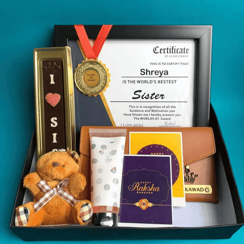 its a beautiful hamper for sister r, where i love sis chocolate ,small teddy and 2 gifts cards, zudio face wash, one clutch with custom and custom charm ,one frame like certificate  with medal