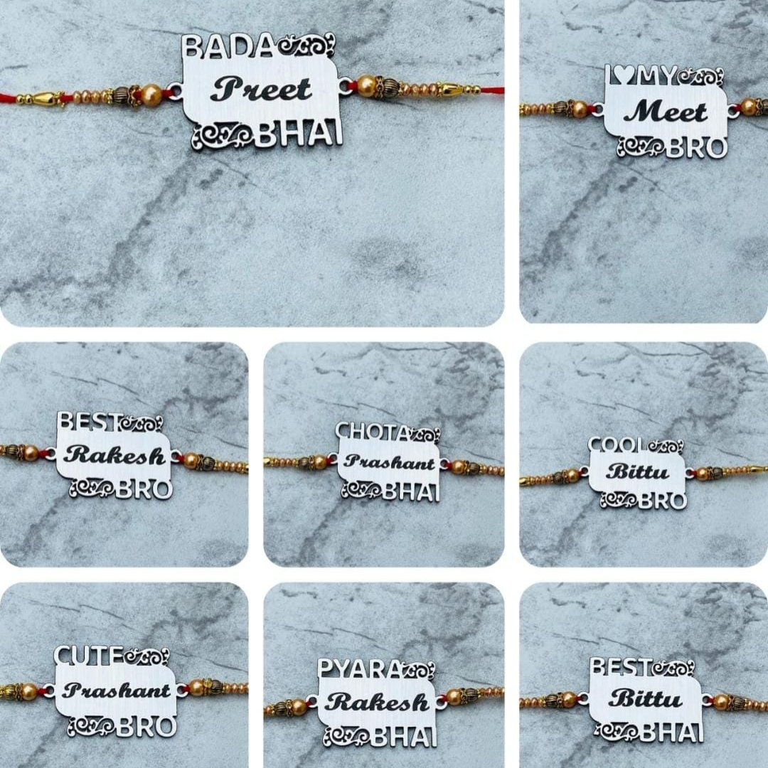 rakhi with customized name on sliver color  name plate,unique rakhi ideas,there are plenty of beeds are there