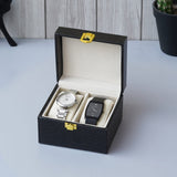 premium black watch organizer box with 2 slots and 2 watches are placed in side the box