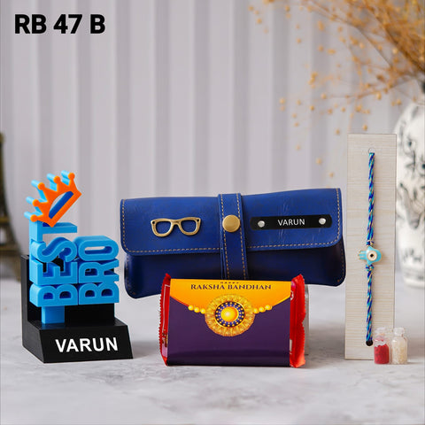 Best Bro 3D pen stand, personalized eyewear case with custom name and charm, Kit-Kat chocolate, Rakhi, and Roli Chawal. placed in floor background some flower vessale there