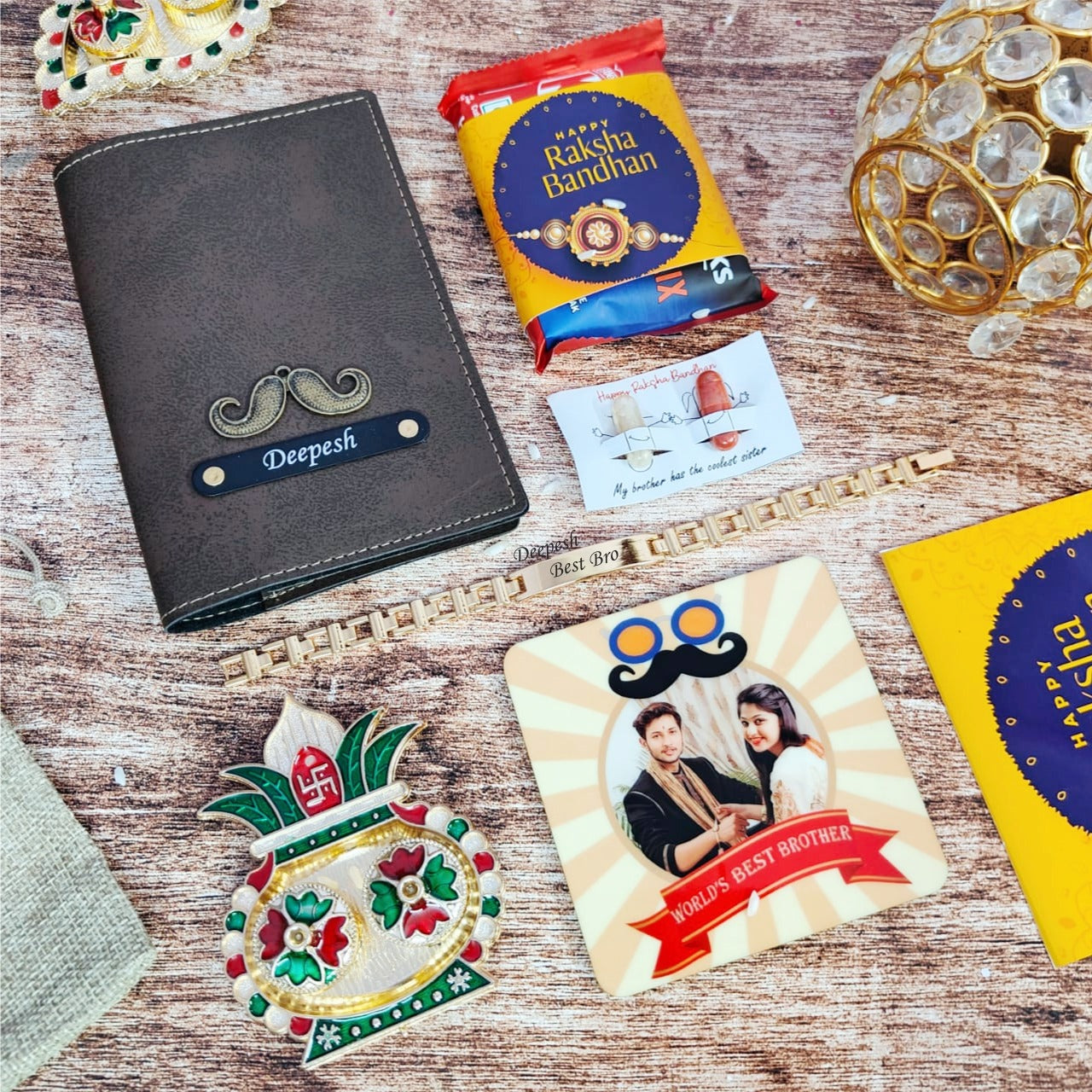  a Bangkok Leather passport cover, customized fridge magnet, Metal Rakhi 1.0, Rakhi theme chocolate, Roli Chawal, and a Roli Chawal platter. all are having customized option with name pasport with charm also avaiiable, all items are placed on floor