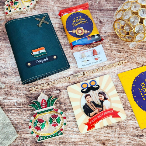  a Bangkok Leather passport cover, customized fridge magnet, Metal Rakhi 1.0, Rakhi theme chocolate, Roli Chawal, and a Roli Chawal platter. all are having customized option with name pasport with charm also avaiiable, all items are placed on floor