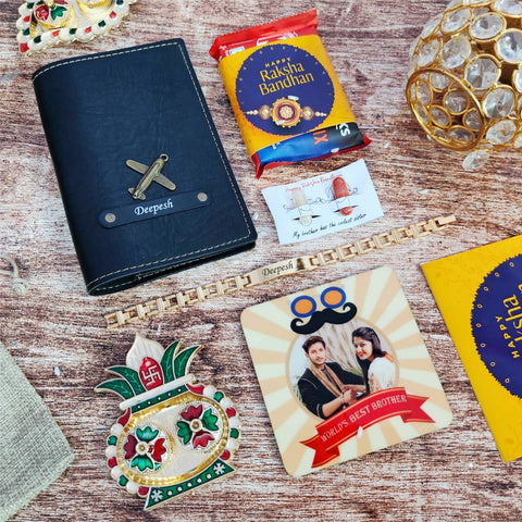  a Bangkok Leather passport cover, customized fridge magnet, Metal Rakhi 1.0, Rakhi theme chocolate, Roli Chawal, and a Roli Chawal platter. all are having customized option with name pasport with charm also avaiiable, all items are placed on floor