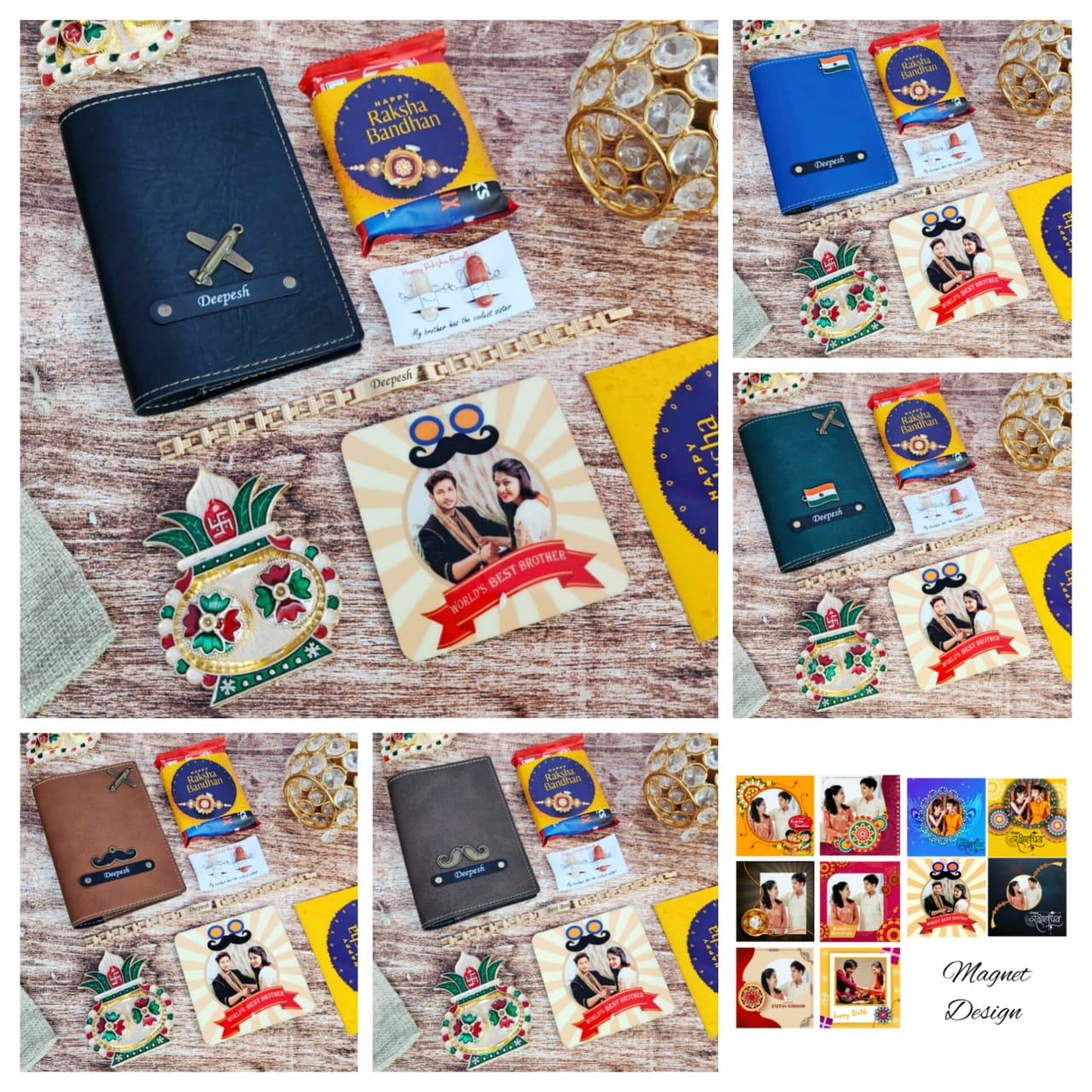  a Bangkok Leather passport cover, customized fridge magnet, Metal Rakhi 1.0, Rakhi theme chocolate, Roli Chawal, and a Roli Chawal platter. all are having customized option with name pasport with charm also avaiiable, all items are placed on floor