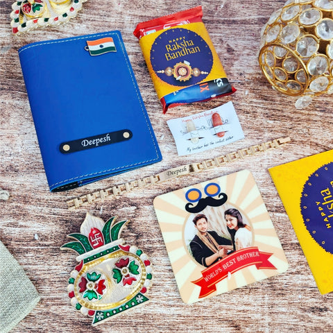  a Bangkok Leather passport cover, customized fridge magnet, Metal Rakhi 1.0, Rakhi theme chocolate, Roli Chawal, and a Roli Chawal platter. all are having customized option with name pasport with charm also avaiiable, all items are placed on floor