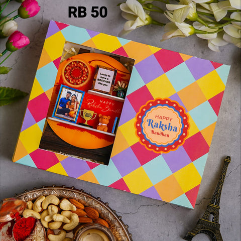Rakshabandhan theme Easel stand cum fridge magnet (personalised with your picture),Kit-Kat chocolate ,Rakhi from A/B/C/D/E,Roli Chawal