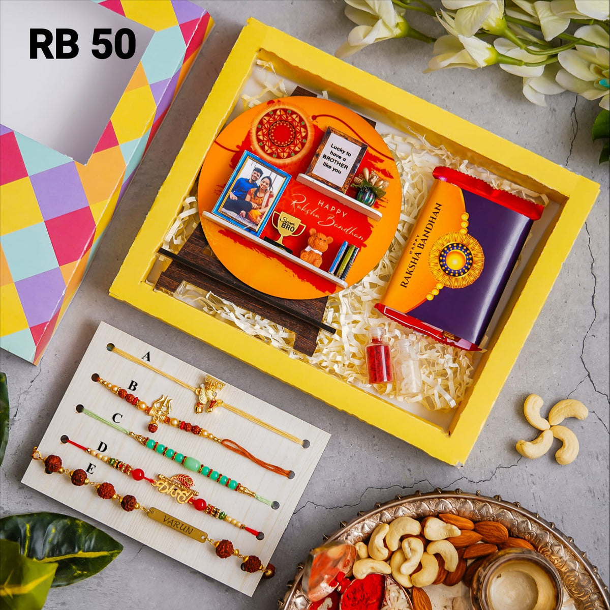 Rakshabandhan theme Easel stand cum fridge magnet (personalised with your picture),Kit-Kat chocolate ,Rakhi from A/B/C/D/E,Roli Chawal