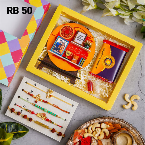 Rakshabandhan theme Easel stand cum fridge magnet (personalised with your picture),Kit-Kat chocolate ,Rakhi from A/B/C/D/E,Roli Chawal