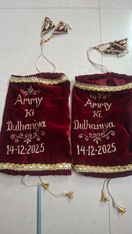 Personalized Velvet Chura Cover | Custom Name & Date Bridal Bag